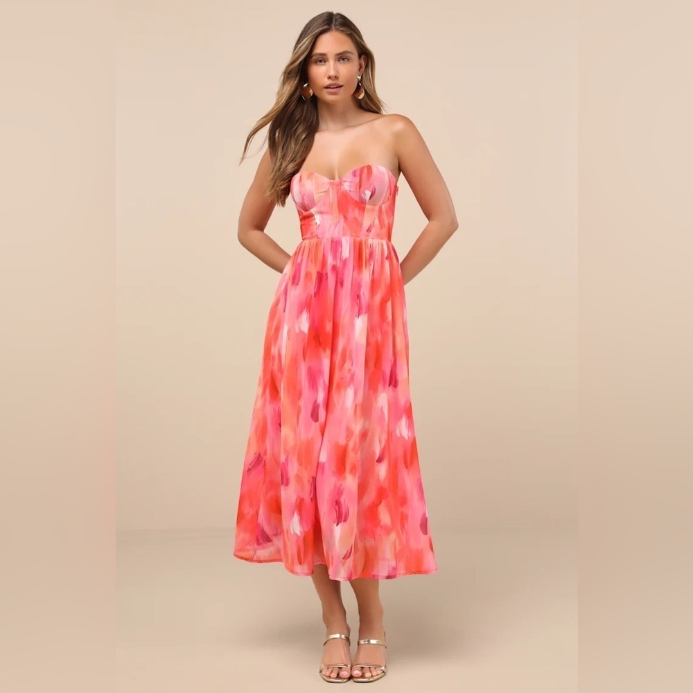 Lulus Aysel Coral Pink Abstract Strapless Bustier Midi Dress